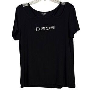 BEBE Rhinestone Logo Cutout Tee, Neck Cut Out, Absolute Y2K, Black, Size XL